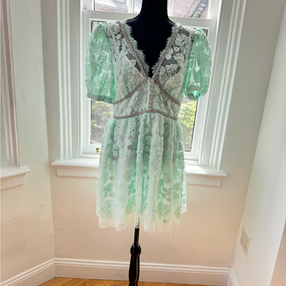 Self-Portrait  Mint Ribbon Lace Mini Dress